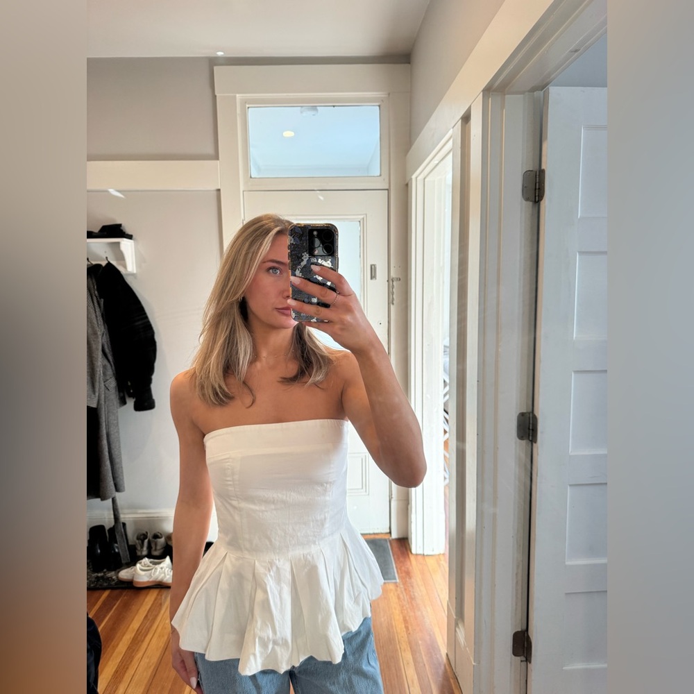 Peppermayo White Strapless Peplum Top